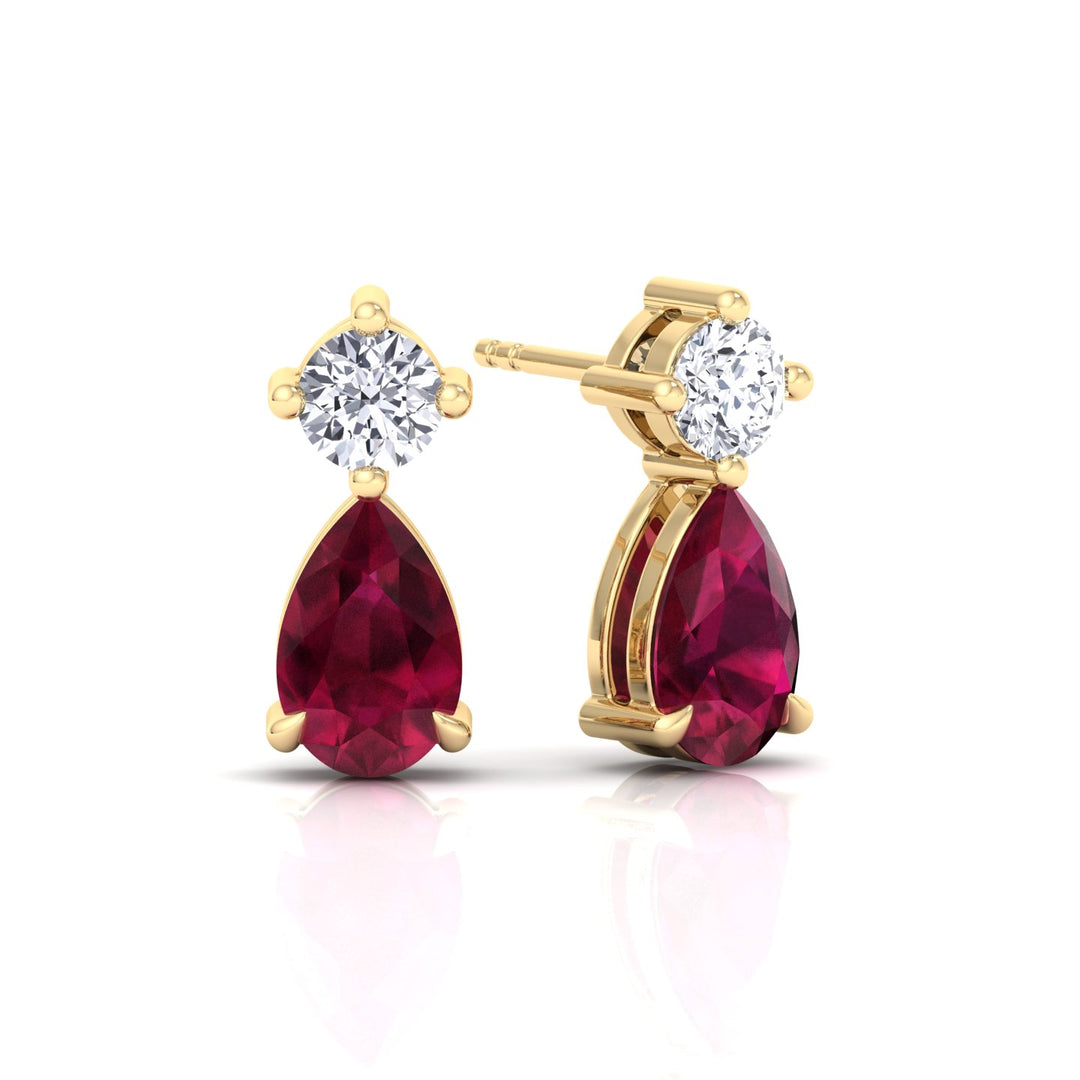 Natural Round Diamond & Pear Red Ruby Drop Earrings, Yellow, Backing