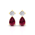 Natural Round Diamond & Pear Red Ruby Drop Earrings, Yellow, Front