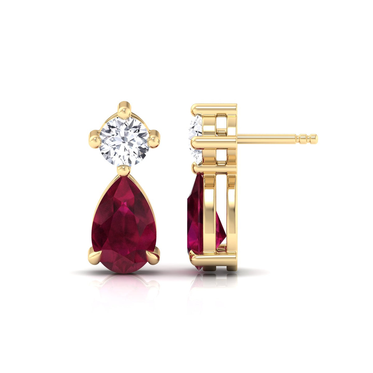 Natural Round Diamond & Pear Red Ruby Drop Earrings, Yellow, Side Profile