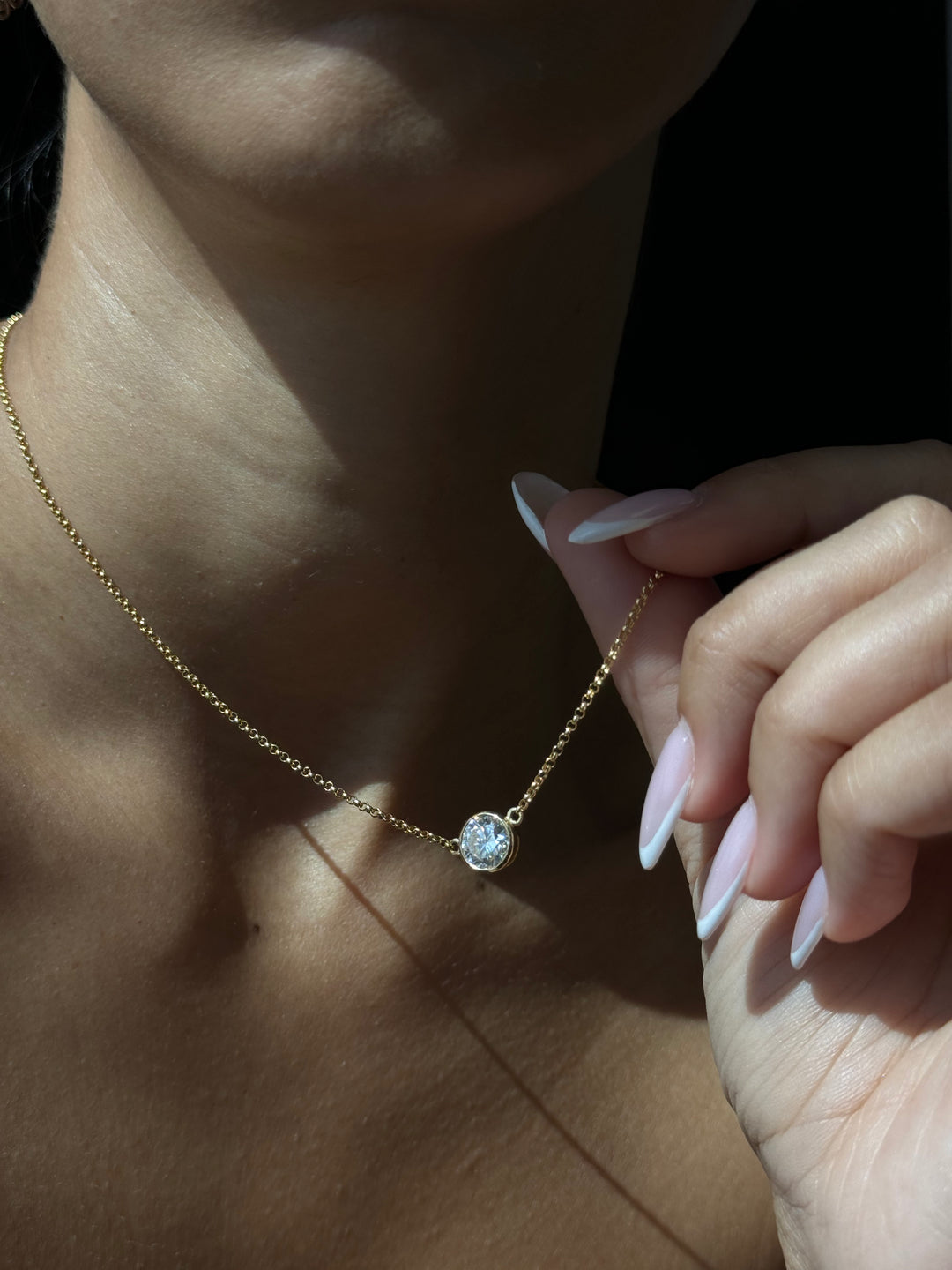 Orah-Bezel Set Round Diamond Pendant,Yellow on Neck