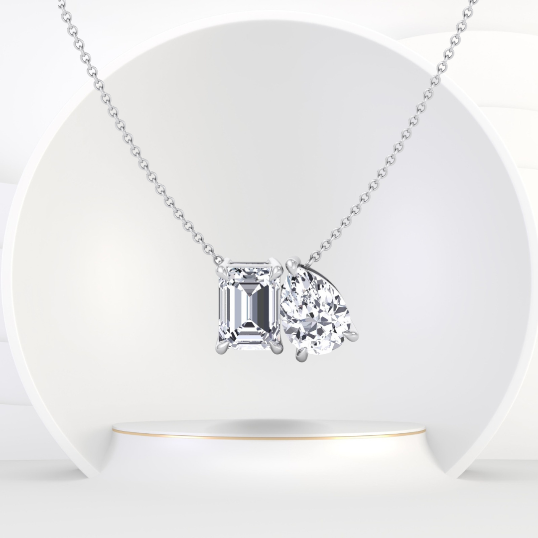 Toi Et Moi Pear & Emerald Cut Natural Diamond Pendant-1CT-2CT-14K-18K