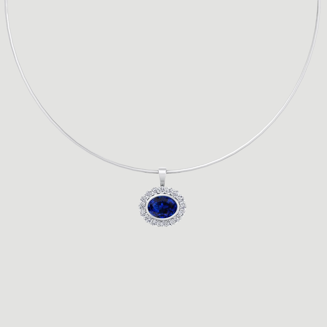 Oval Shape Natural Blue Sapphire and Diamond Halo Pendant in Omega Chain