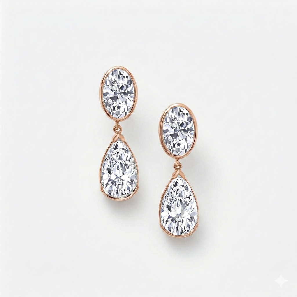 Oval and Pear Shape Bezel Set Natural Diamond Drop Earrings RG 2