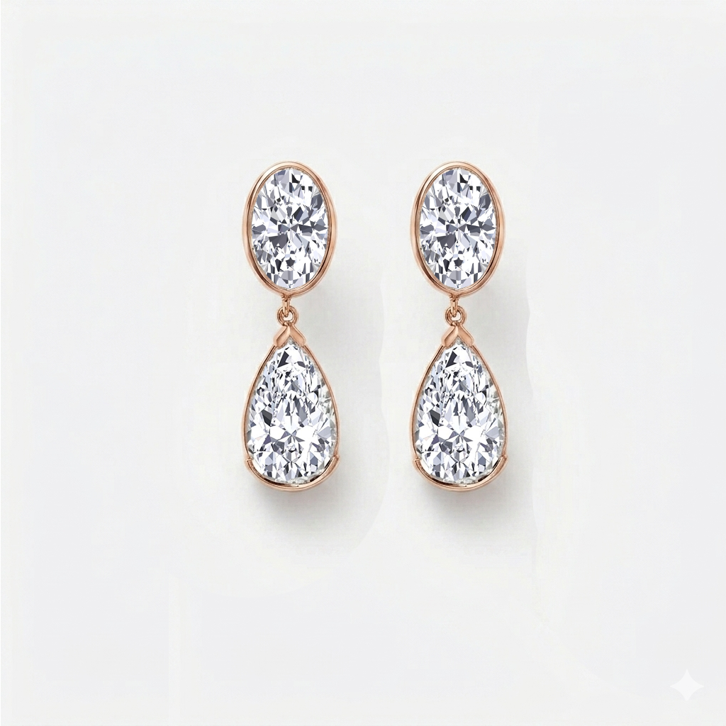 Oval and Pear Shape Bezel Set Natural Diamond Drop Earrings RG