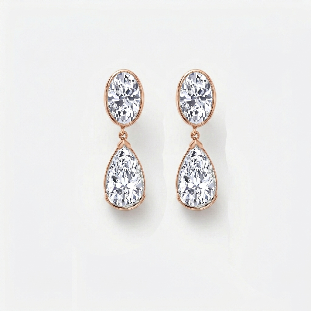 Oval and Pear Shape Bezel Set Natural Diamond Drop Earrings