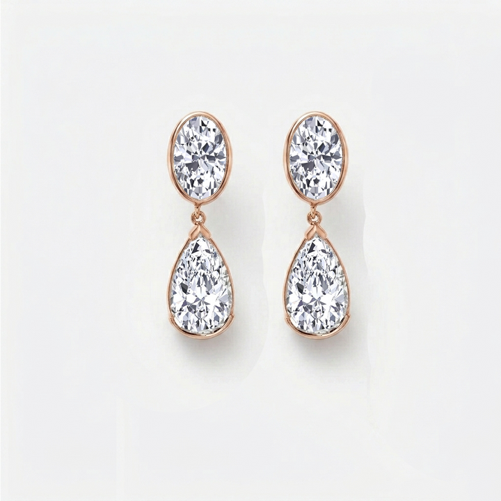 Oval and Pear Shape Bezel Set Natural Diamond Drop Earrings