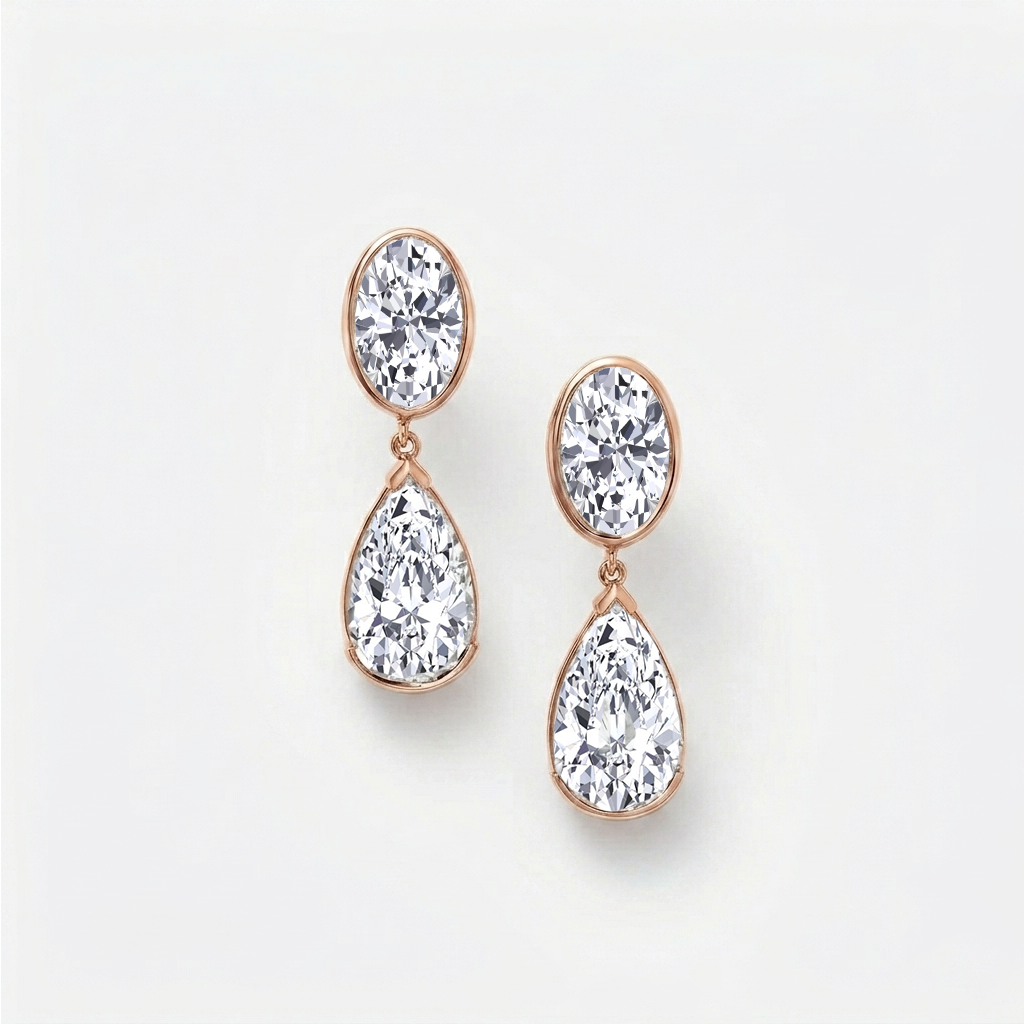 Oval and Pear Shape Bezel Set Natural Diamond Drop Earrings