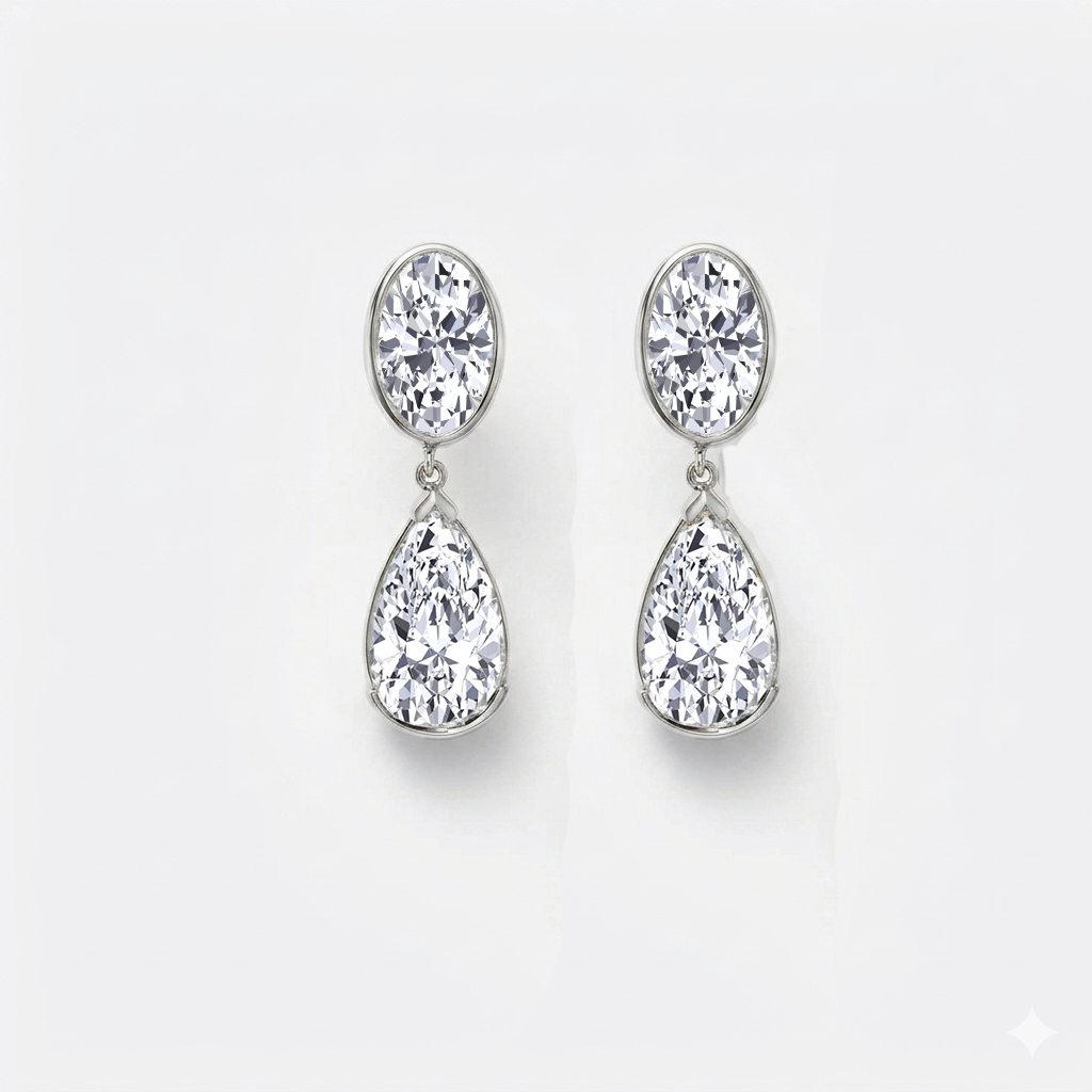 Oval and Pear Shape Bezel Set Natural Diamond Drop Earrings WG2