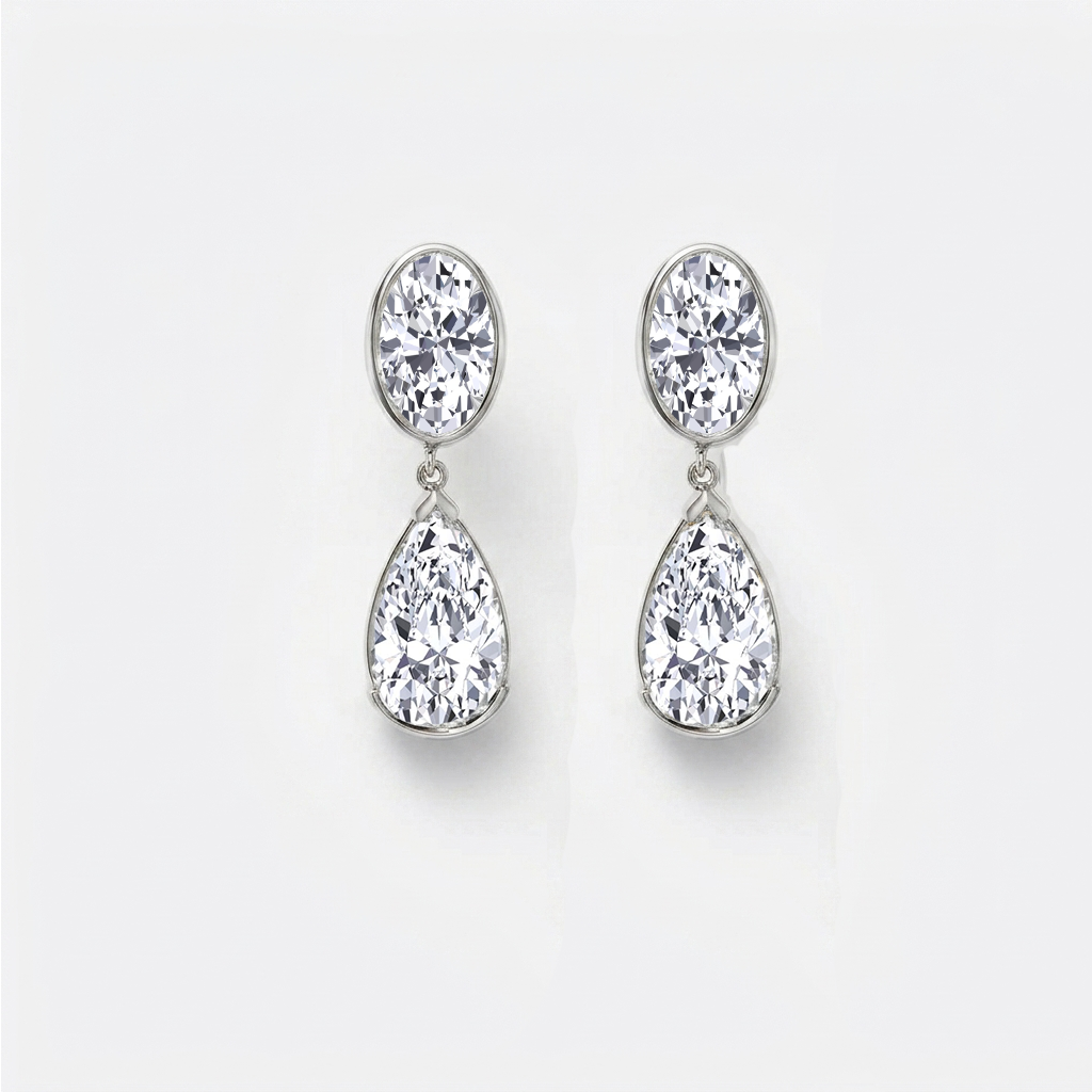 Oval and Pear Shape Bezel Set Natural Diamond Drop Earrings