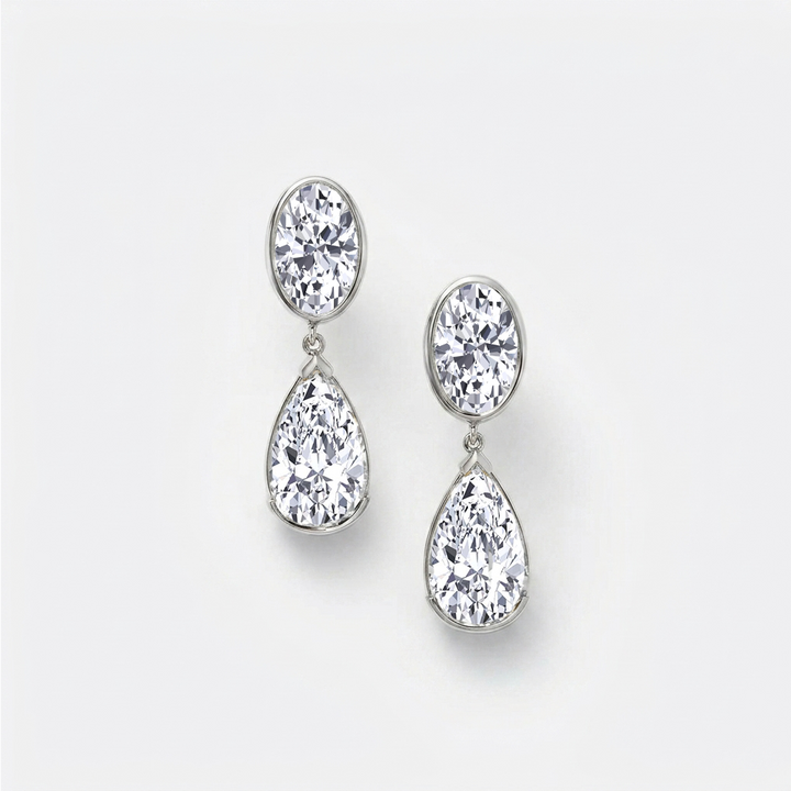 Oval and Pear Shape Bezel Set Natural Diamond Drop Earrings