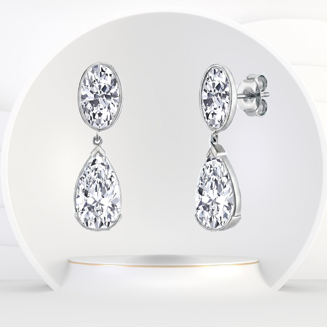 Oval and Pear Shape Bezel Set Natural Diamond Drop Earrings WG