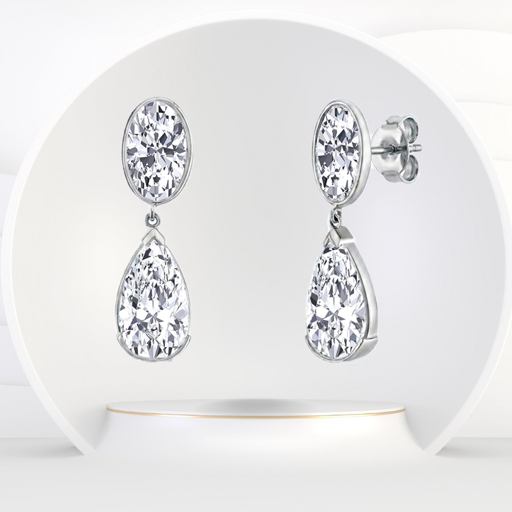 Oval and Pear Shape Bezel Set Natural Diamond Drop Earrings WG