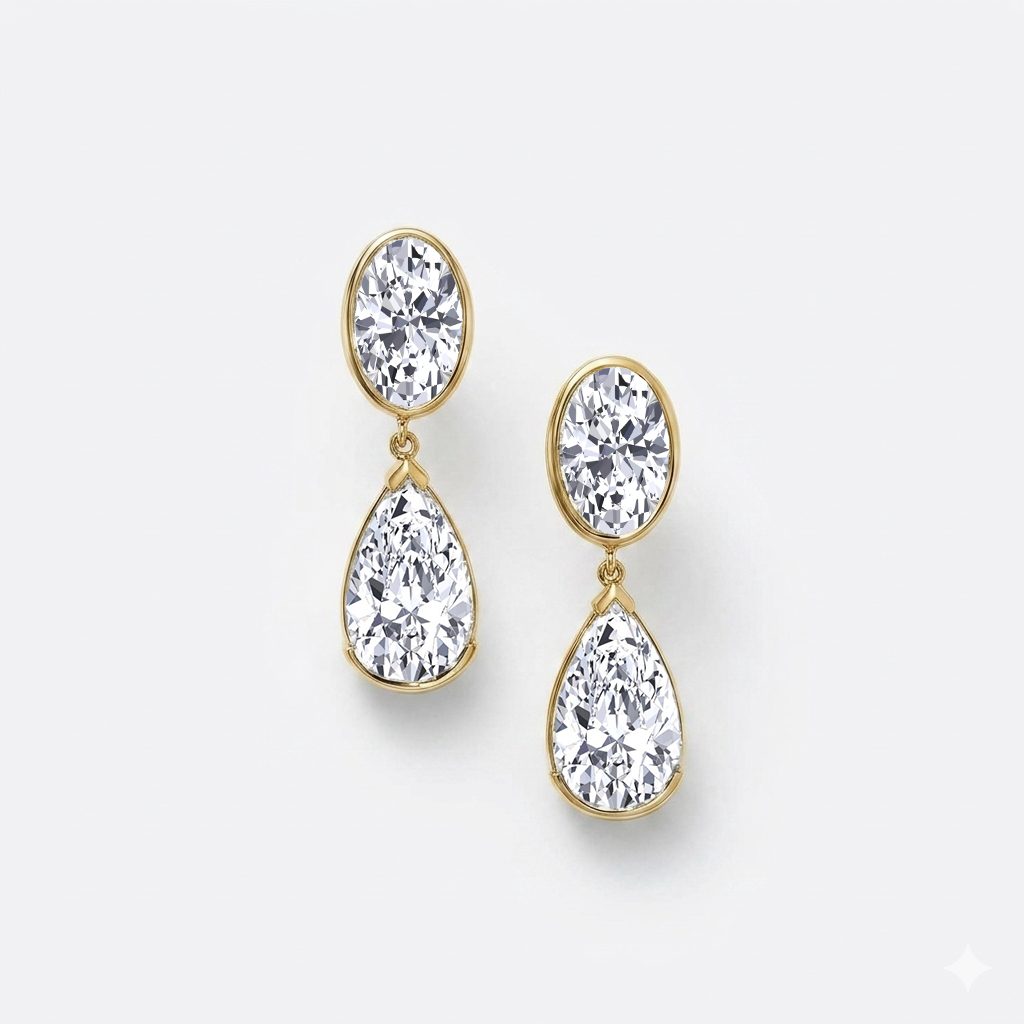 Oval and Pear Shape Bezel Set Natural Diamond Drop Earrings YG 2