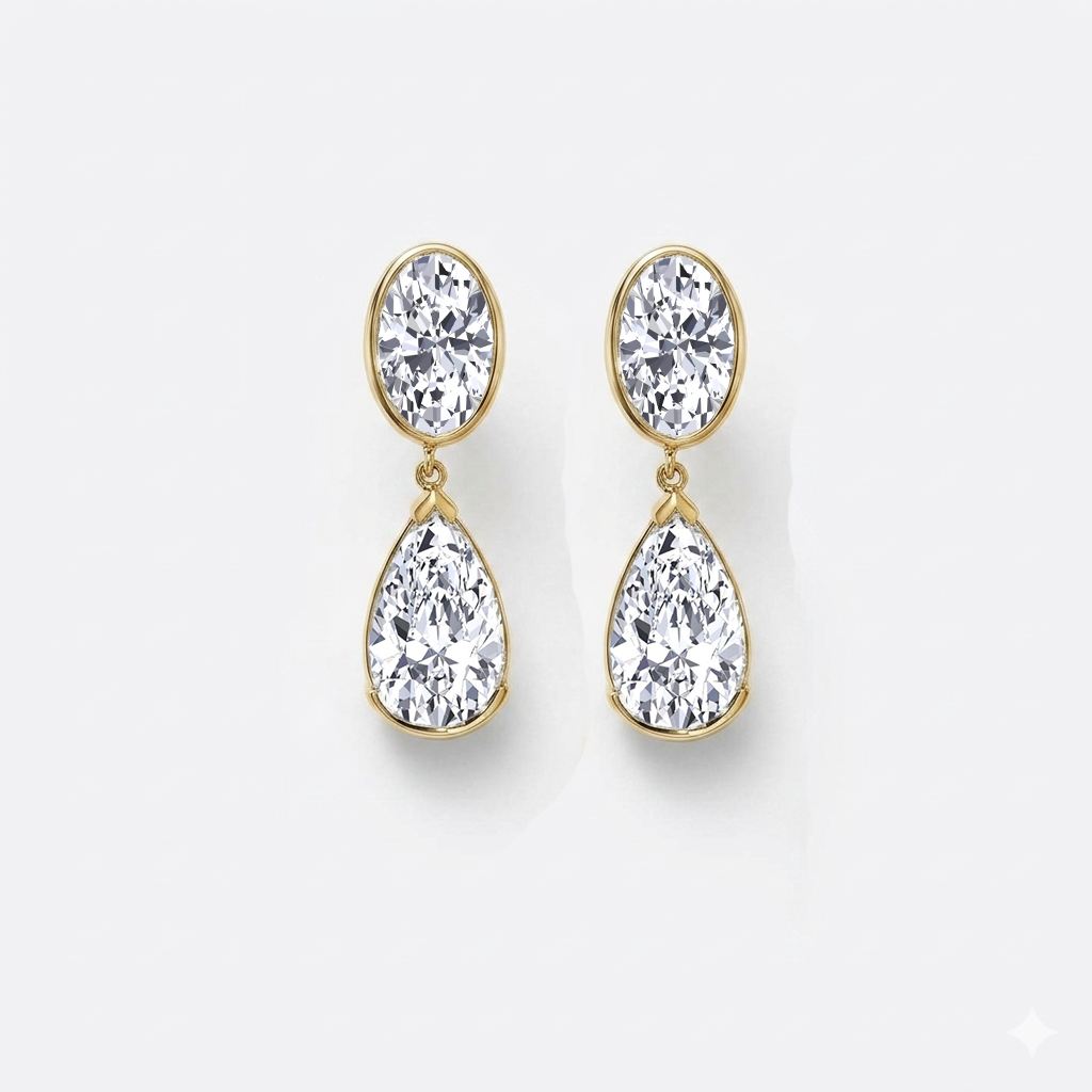 Oval and Pear Shape Bezel Set Natural Diamond Drop Earrings YG 4