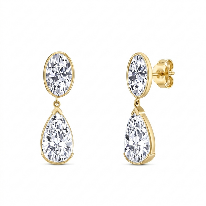 Oval and Pear Shape Bezel Set Natural Diamond Drop Earrings YG