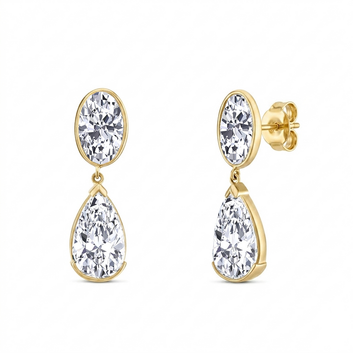 Oval and Pear Shape Bezel Set Natural Diamond Drop Earrings