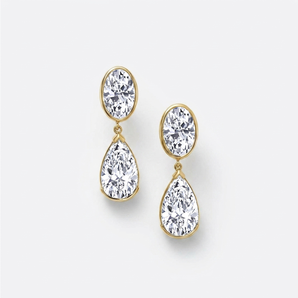 Oval and Pear Shape Bezel Set Natural Diamond Drop Earrings