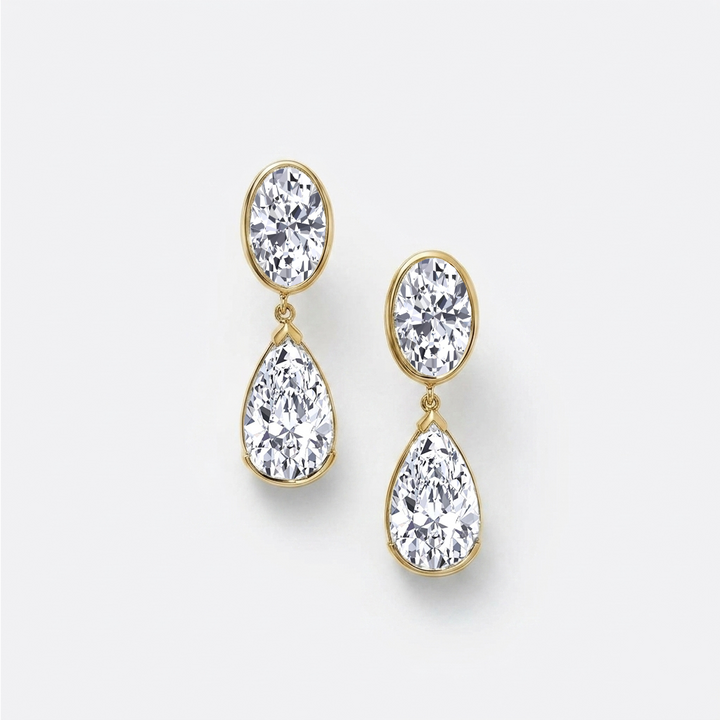 Oval and Pear Shape Bezel Set Natural Diamond Drop Earrings