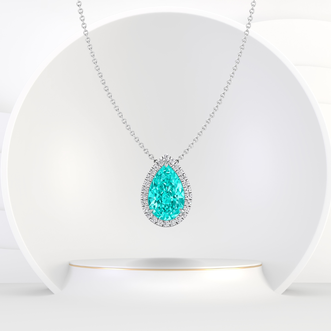 Pear Shape Halo Natural Paraiba Tourmaline Pendant