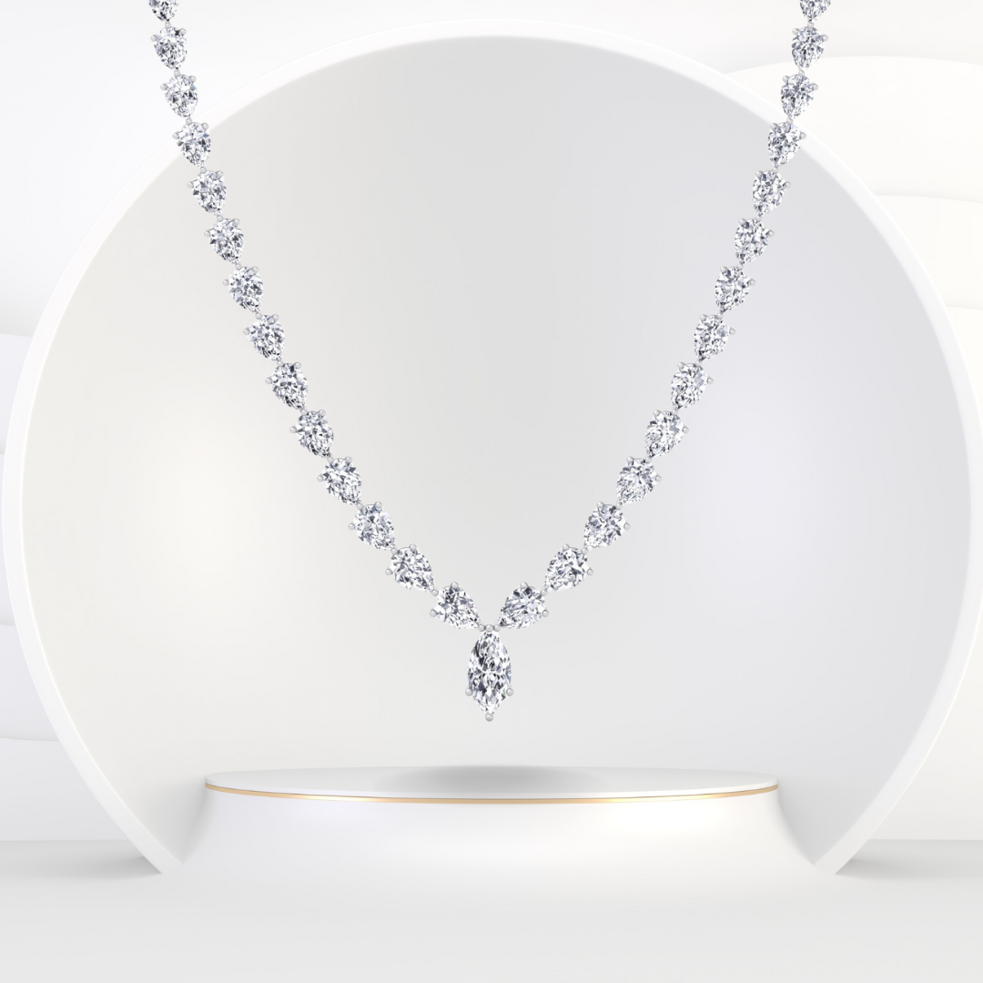 Pear Shape Natural Diamond Tennis Necklace 14K Solid Gold