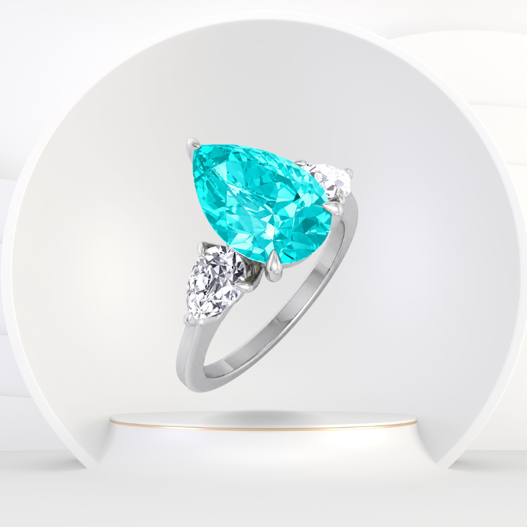 Pear Shape Natural Paraiba Tourmaline Ring with Pear Sidestones
