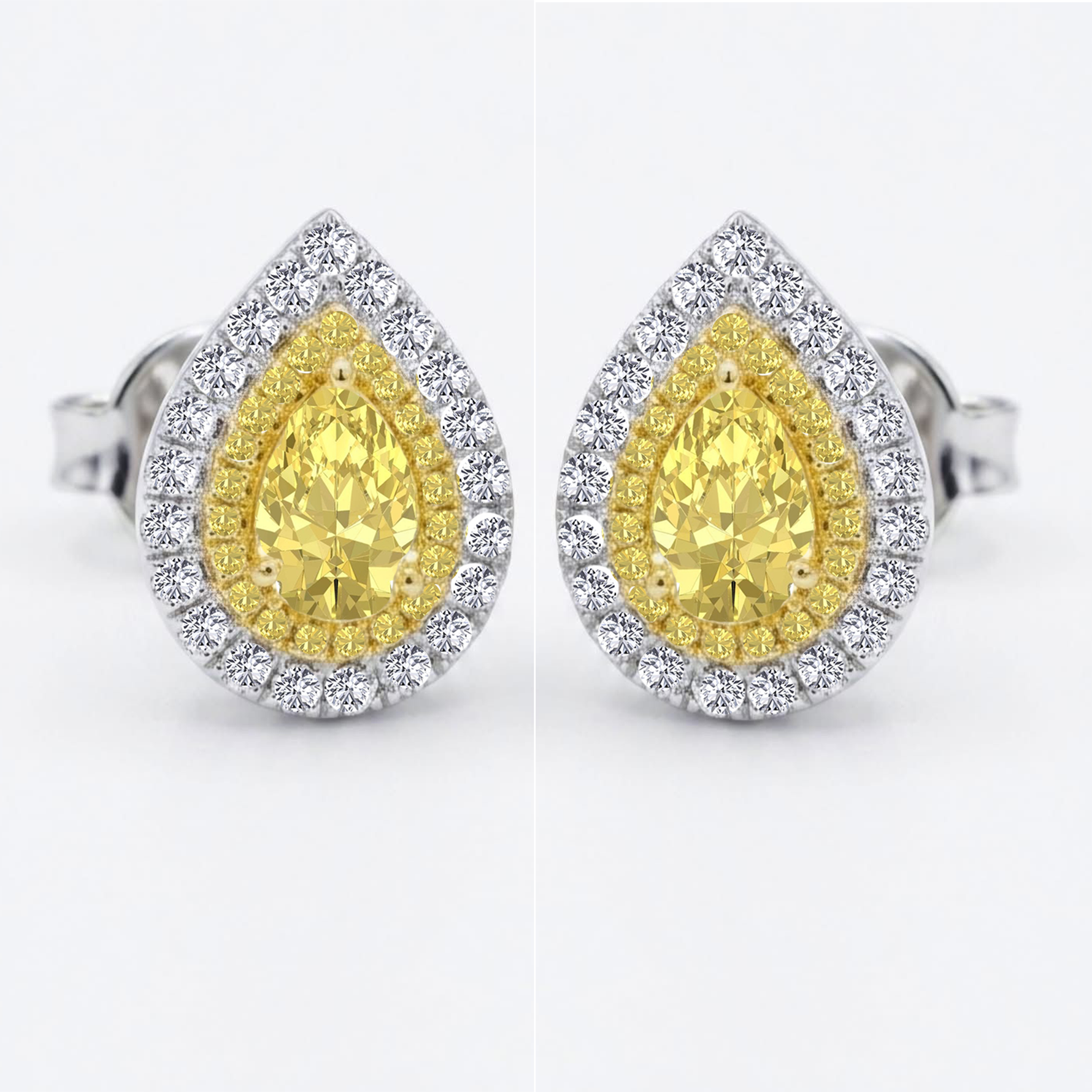 Pear Shape Natural Fancy Yellow Diamond Halo Studs WG