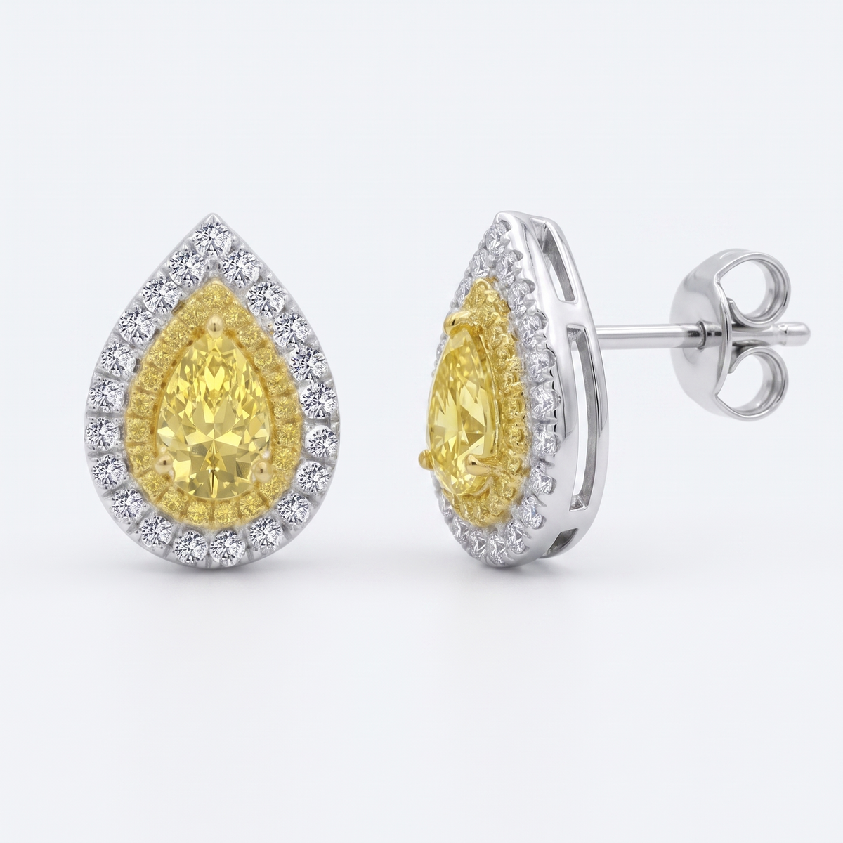 Pear Shape Natural Fancy Yellow Diamond Halo Studs WG 2