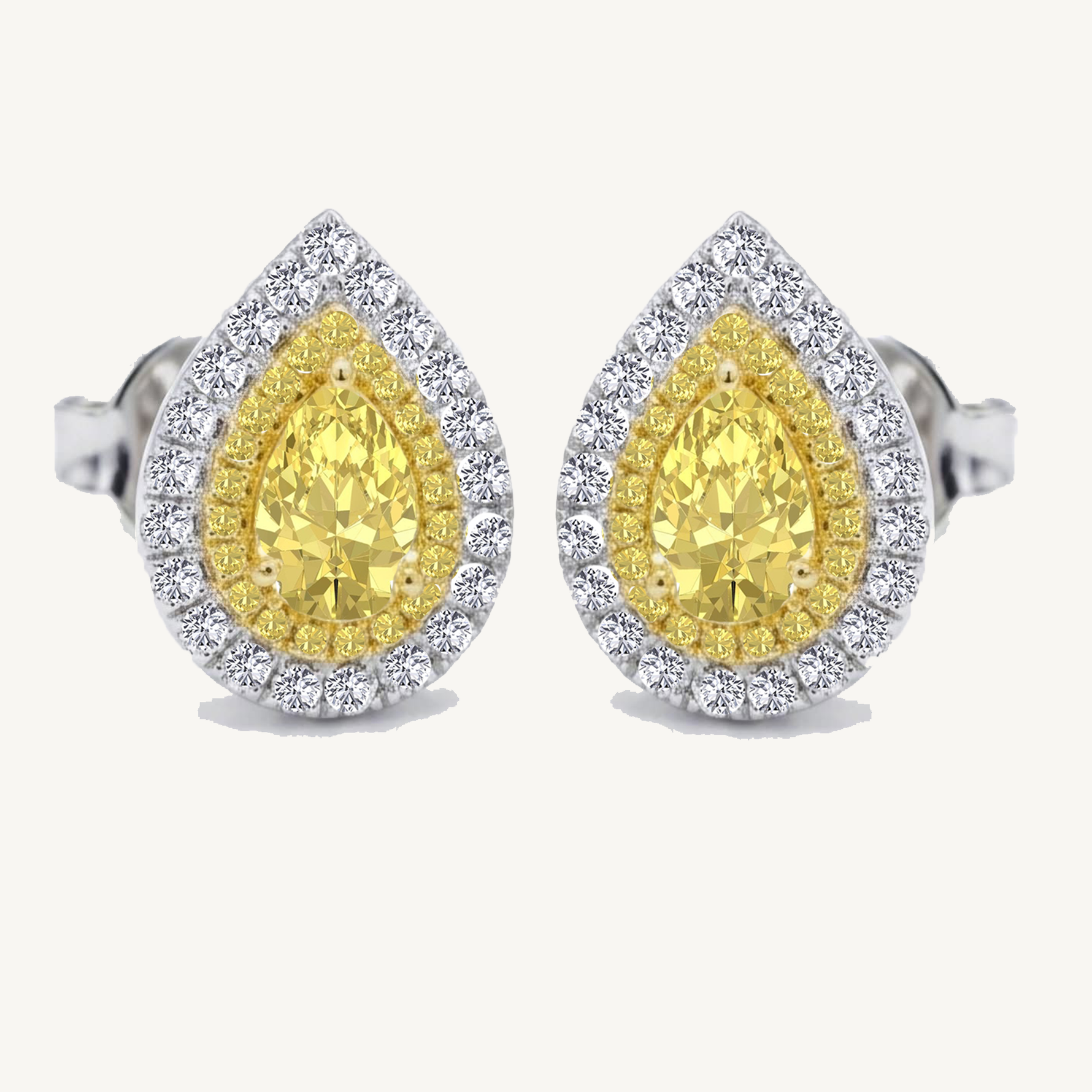 Pear Shape Natural Fancy Yellow Diamond Halo Studs