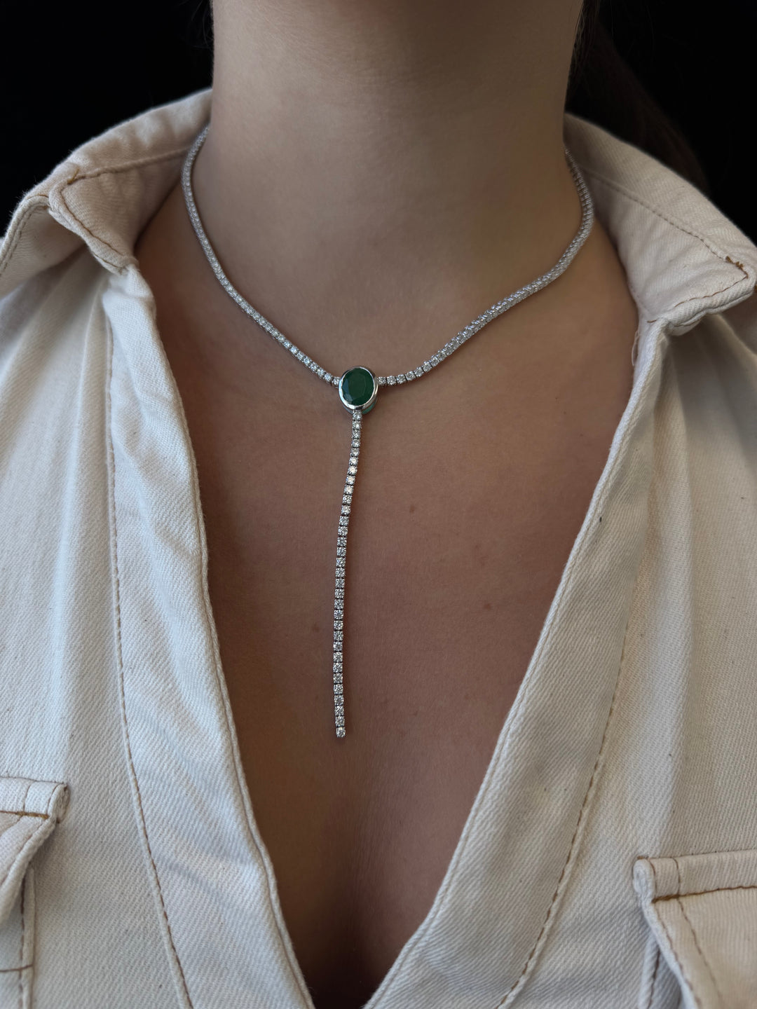 10.50CT T.W Round Natural Diamond Lariat Tennis Necklace with Natural Green Emerald Centerpiece