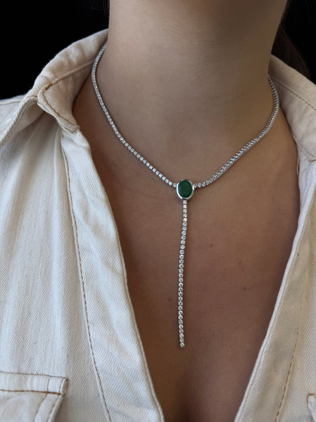 10.50CT T.W Round Natural Diamond Lariat Tennis Necklace with Natural Green Emerald Centerpiece