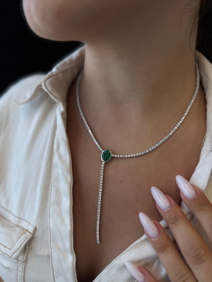 10.50CT T.W Round Natural Diamond Lariat Tennis Necklace with Natural Green Emerald Centerpiece