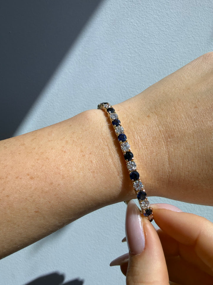 Alternating Natural Diamond & Sapphire Tennis Bracelet 18K Solid Gold