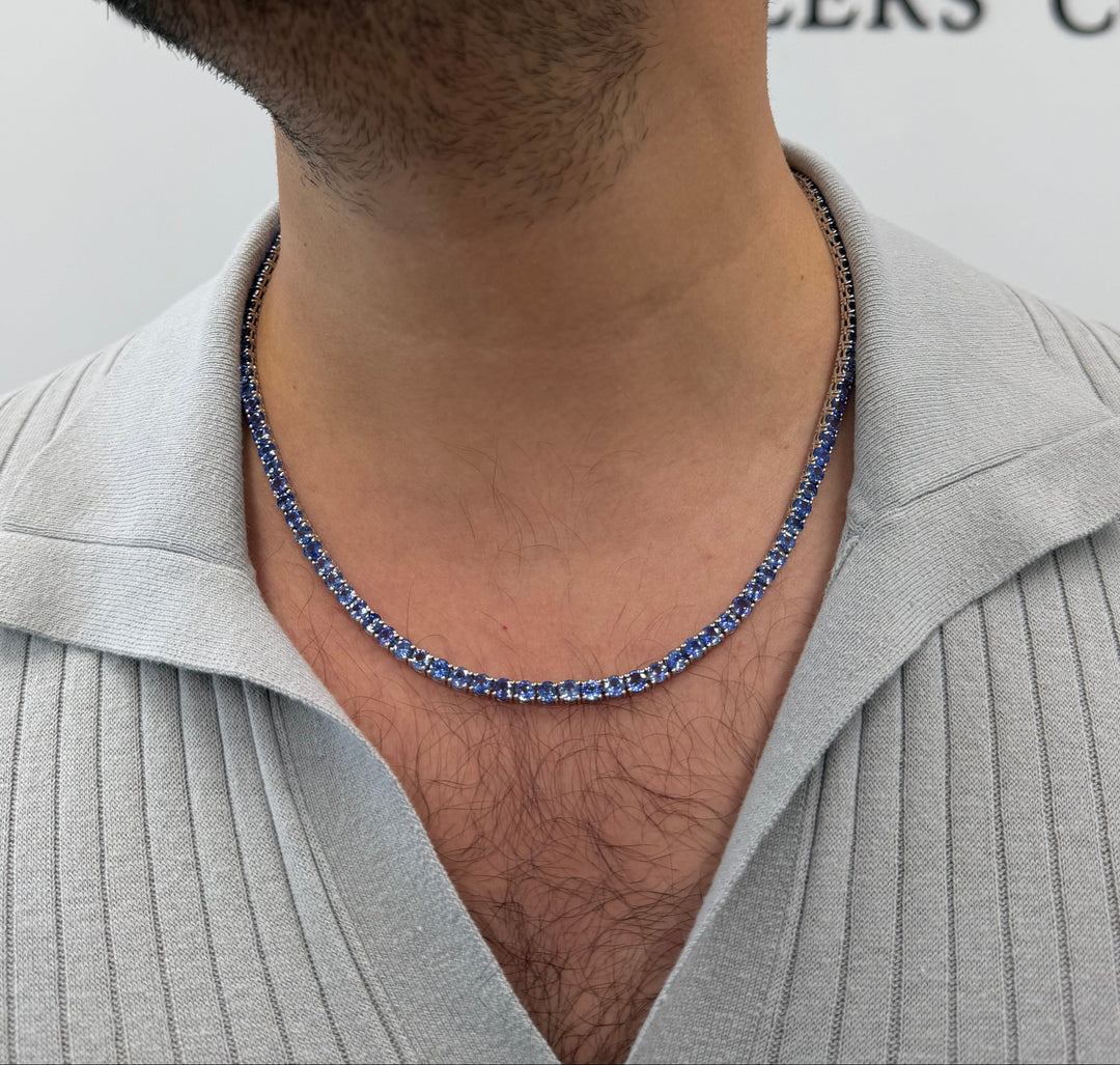 Men's Natural Blue Sapphire Tennis Necklace 14K Solid Gold