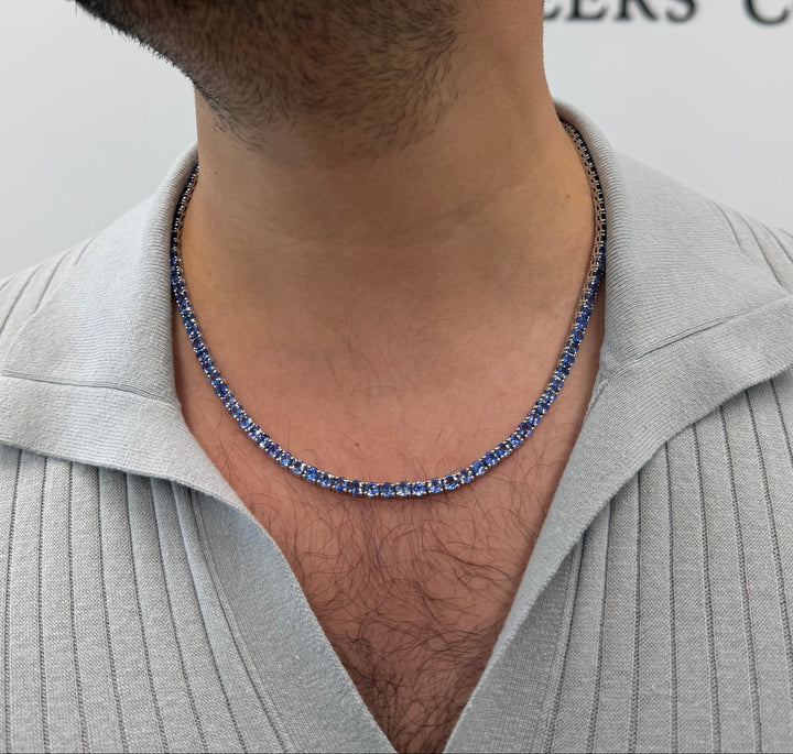 Men's Natural Blue Sapphire Tennis Necklace 14K Solid Gold
