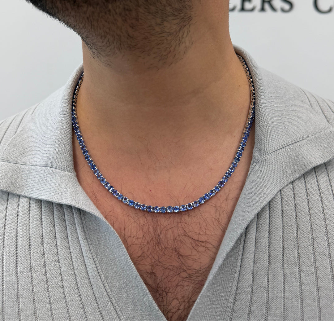 Men's Natural Blue Sapphire Tennis Necklace 18K Solid Gold