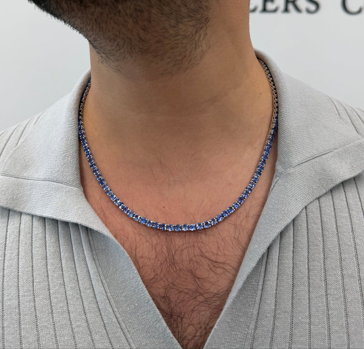 Men's Natural Blue Sapphire Tennis Necklace 18K Solid Gold