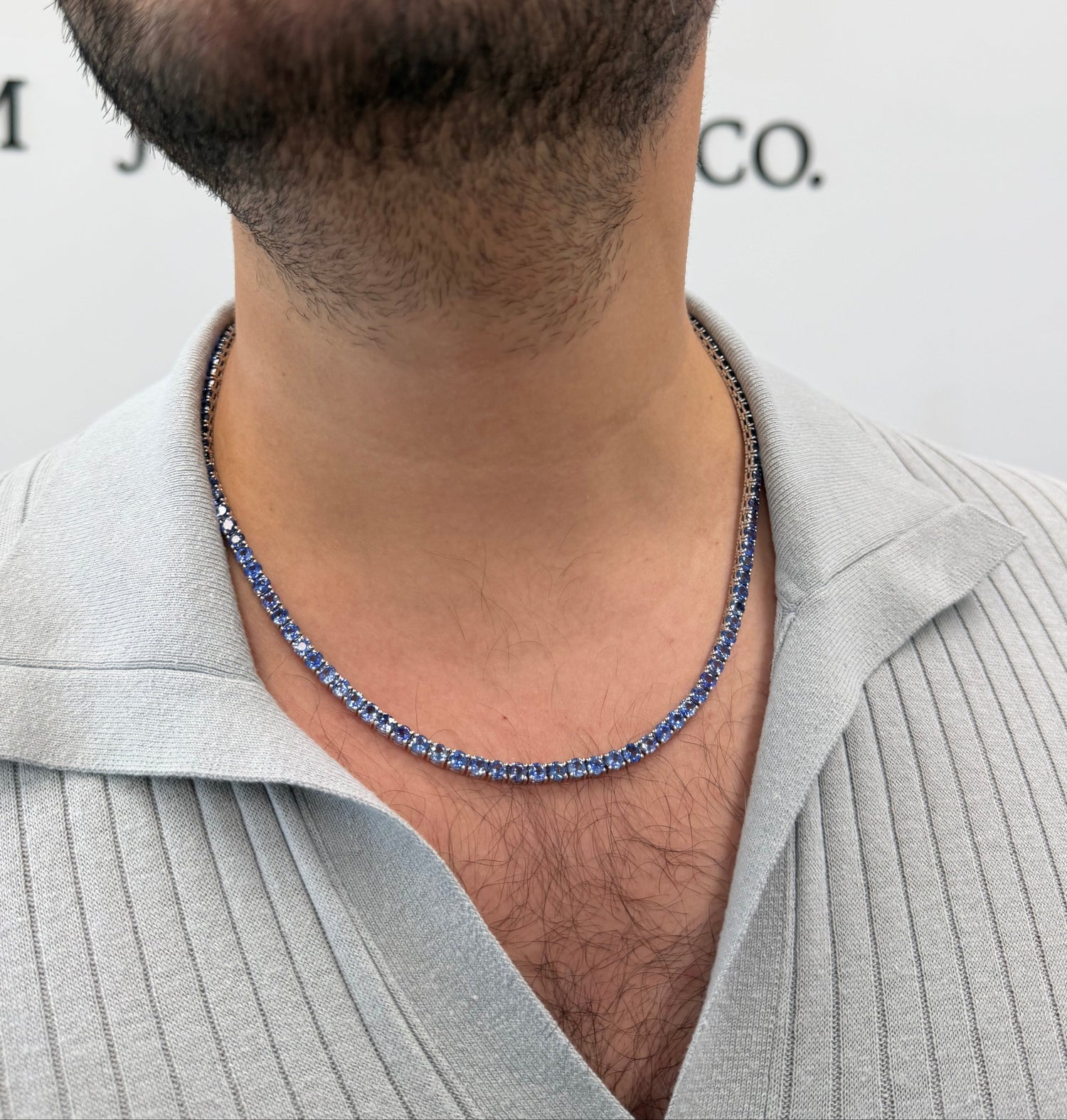 Men's Natural Blue Sapphire Tennis Necklace 14K Solid Gold