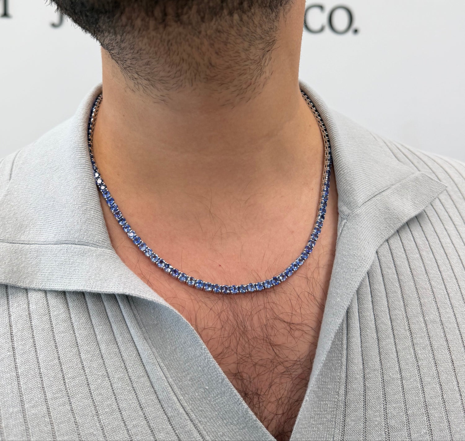 Men's Natural Blue Sapphire Tennis Necklace 18K Solid Gold