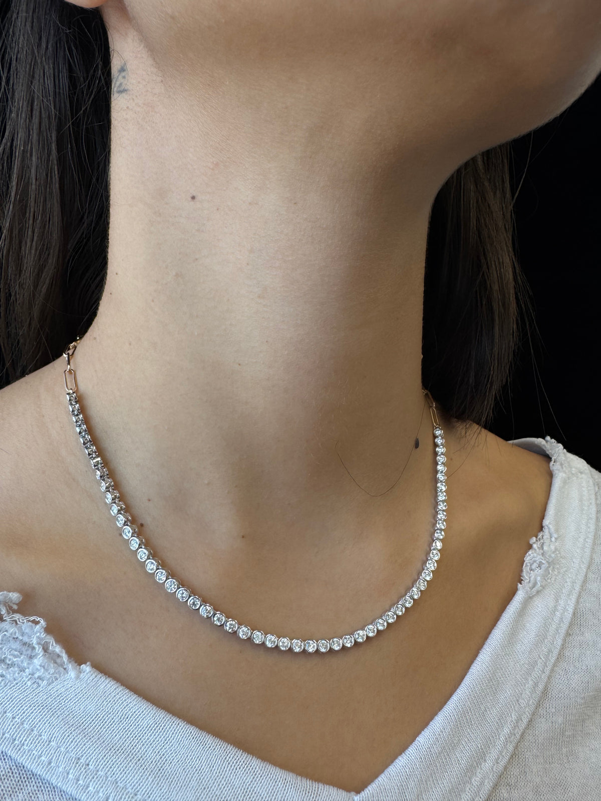 Paper Clip and Bezel Set Diamond Tennis Necklace-4CT-8CT-14K- Combination-Paper Clip Yellow Gold-Tennis Necklace White Gold