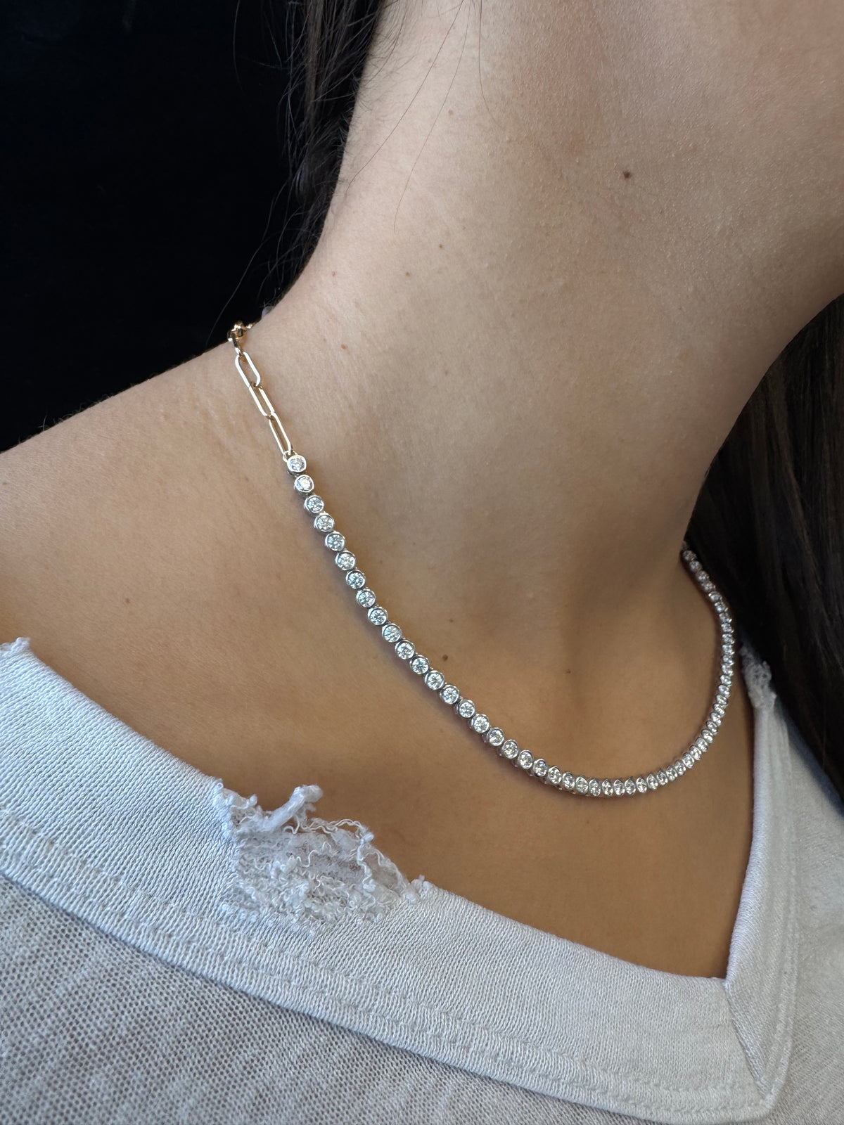Paper-Clip-and-Bezel-Set Diamond Tennis-Necklace-4CT-8CT-14K- Paper Clip Yellow Gold-Tennis Necklace White Gold-Actual Wear
