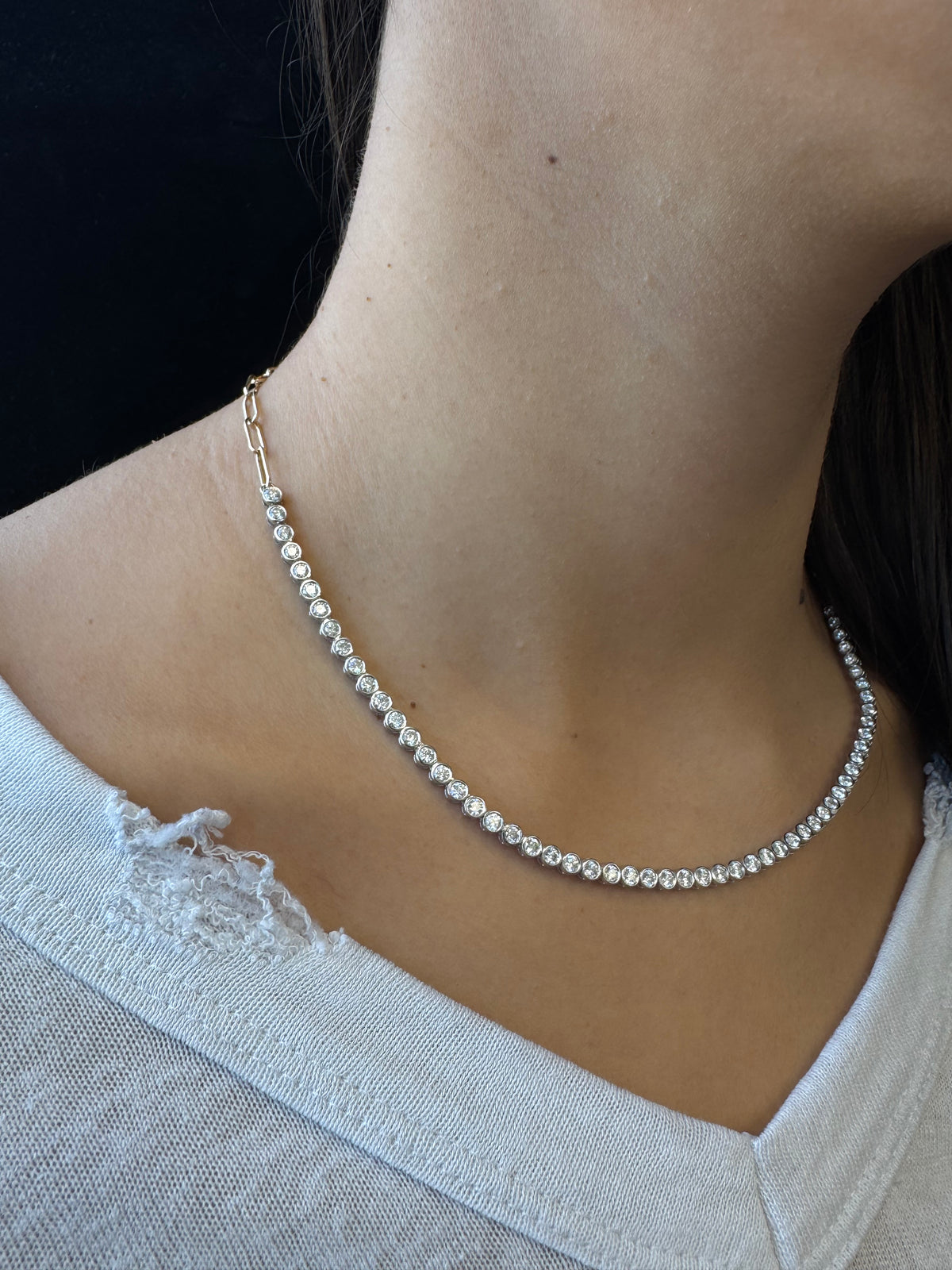 Paper-Clip and Bezel Set Diamond Tennis Necklace-4CT-8CT-14K- Paper Clip Yellow Gold-Tennis Necklace White Gold