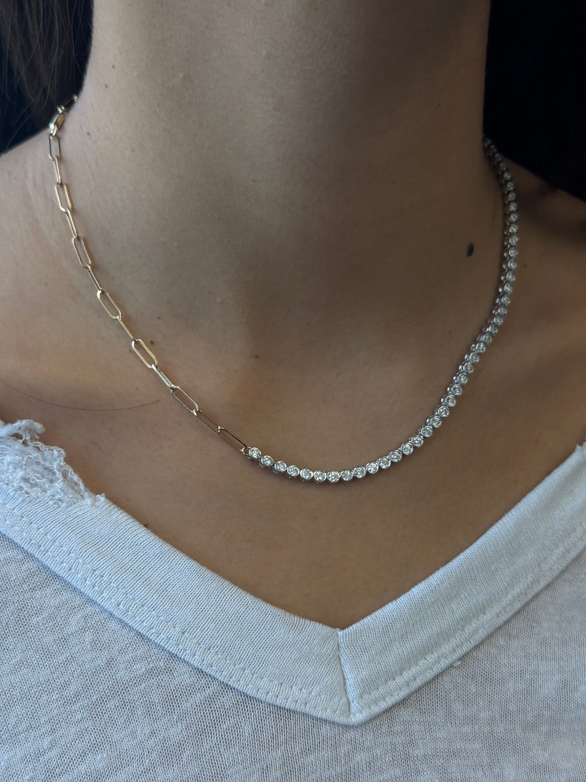 Paper Clip and Bezel Set Diamond Tennis Necklace-4CT-8CT-14K- Paper Clip Yellow Gold-Tennis Necklace White Gold-Worn