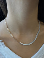 Paper Clip and Bezel Set Diamond Tennis Necklace-4CT-8CT-14K- Paper Clip Yellow Gold-Tennis Necklace White Gold-Actual Wear