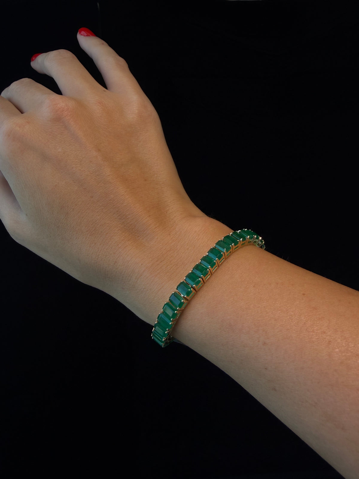 15CT Emerald Cut Natural Green Emerald Tennis Bracelet Solid Gold Lifestyle 2