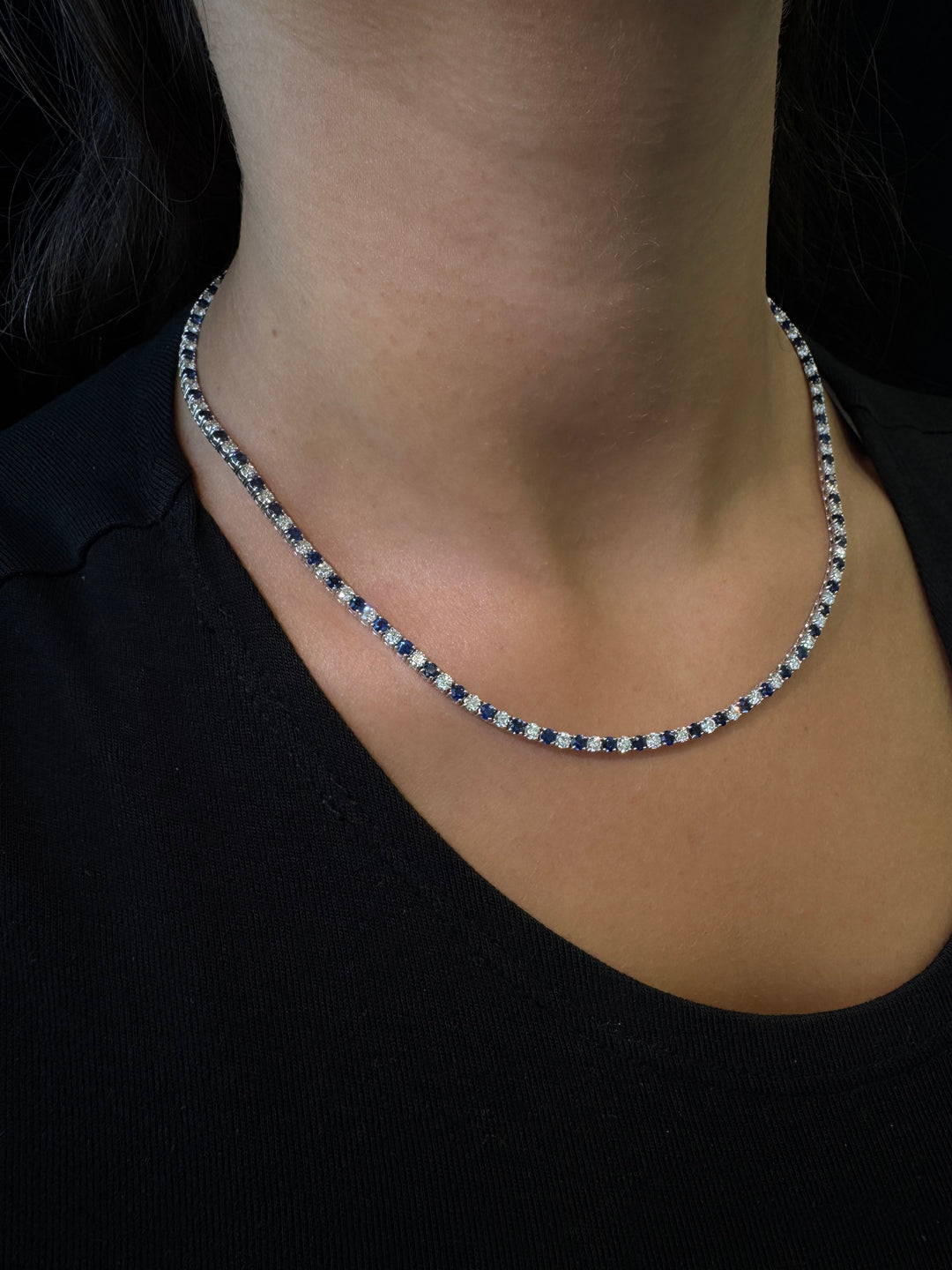 Alternating Natural Blue Sapphire and Natural Diamond Tennis Necklace