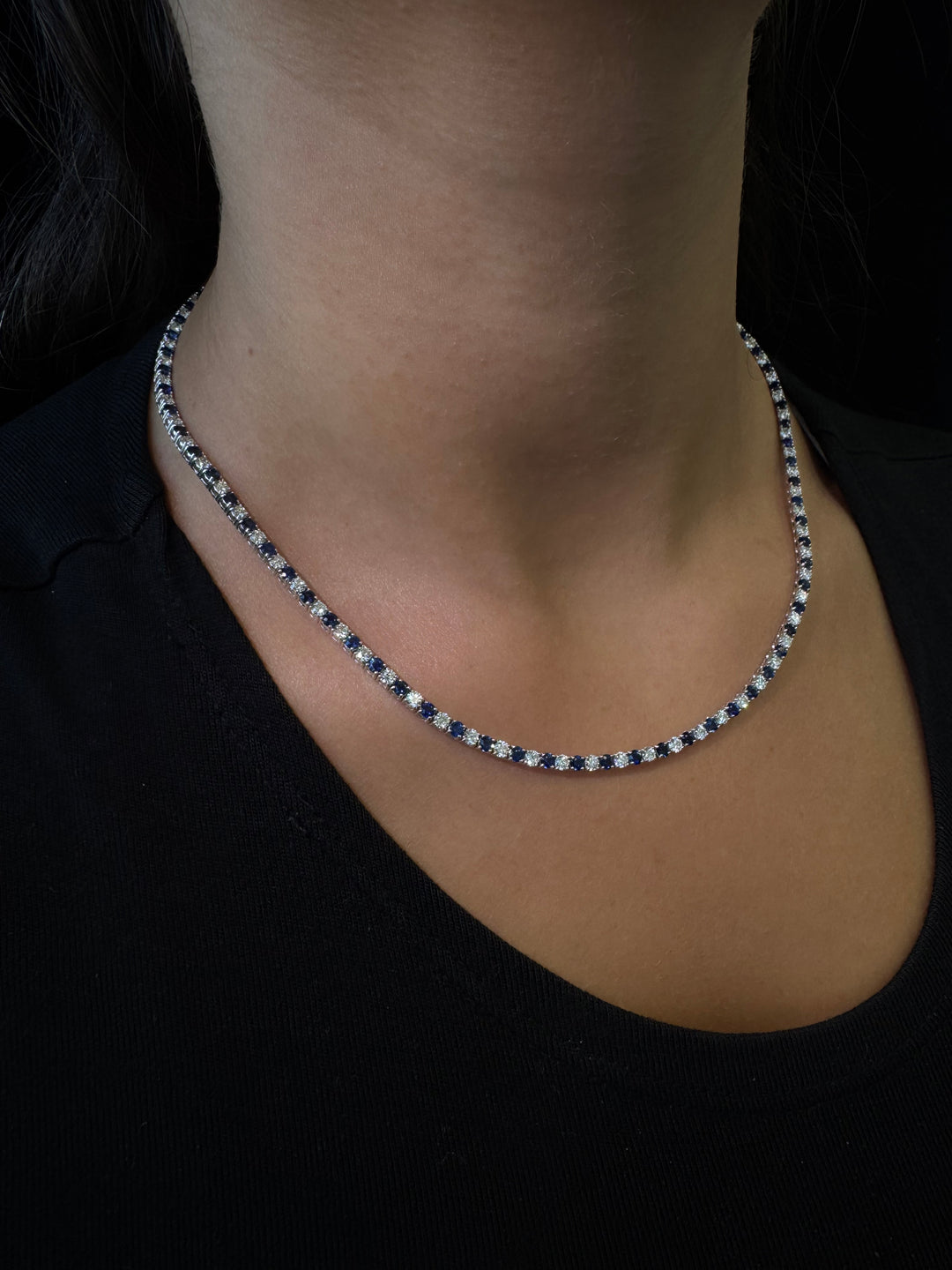 Alternating Natural Blue Sapphire and Natural Diamond Tennis Necklace