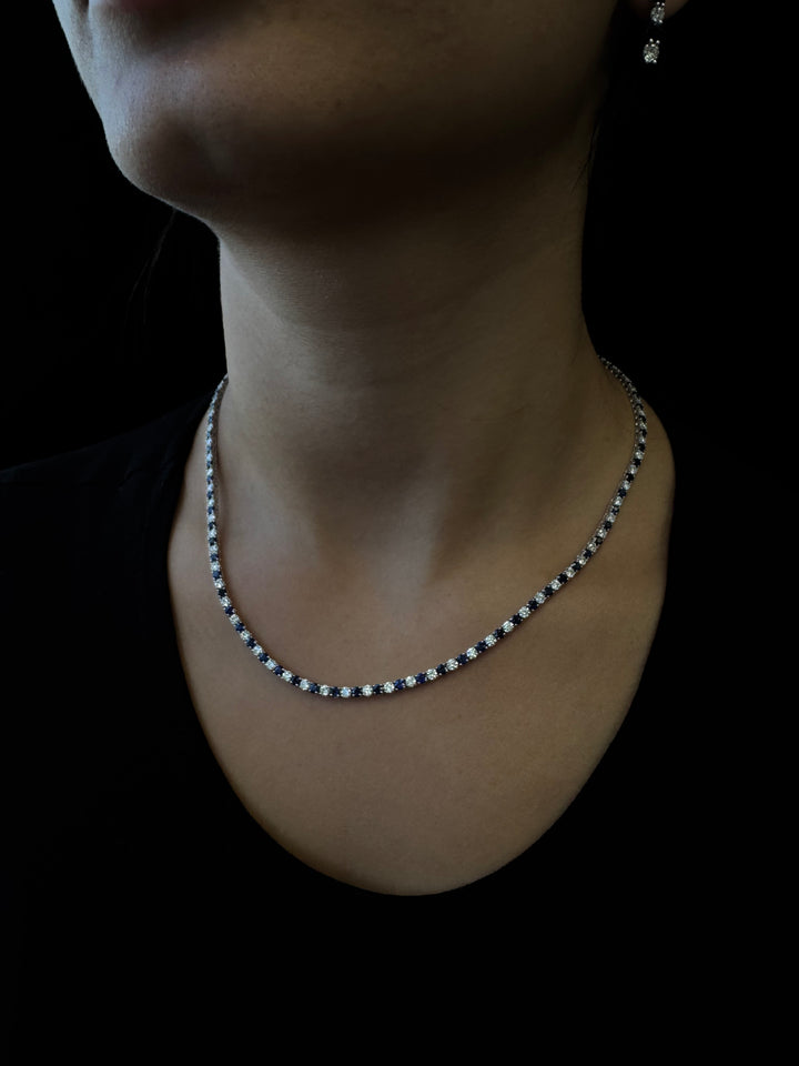 Alternating Natural Blue Sapphire and Natural Diamond Tennis Necklace