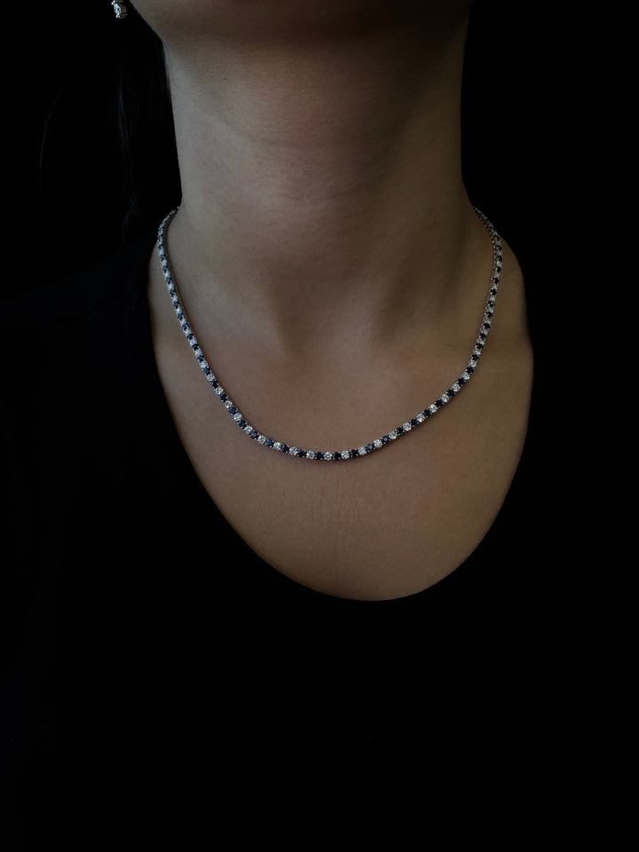 Alternating Natural Blue Sapphire and Natural Diamond Tennis Necklace
