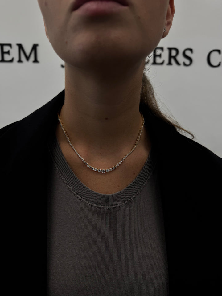 3-Prong Riviera Graduated Natural Diamond Tennis Necklace 14K Solid Gold