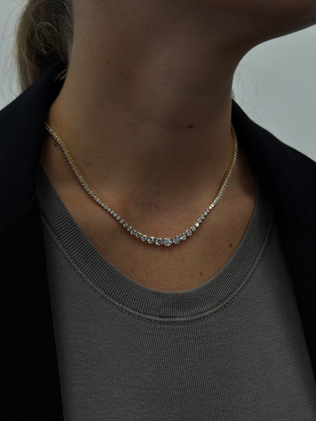 3-Prong Riviera Graduated Natural Diamond Tennis Necklace 14K Solid Gold